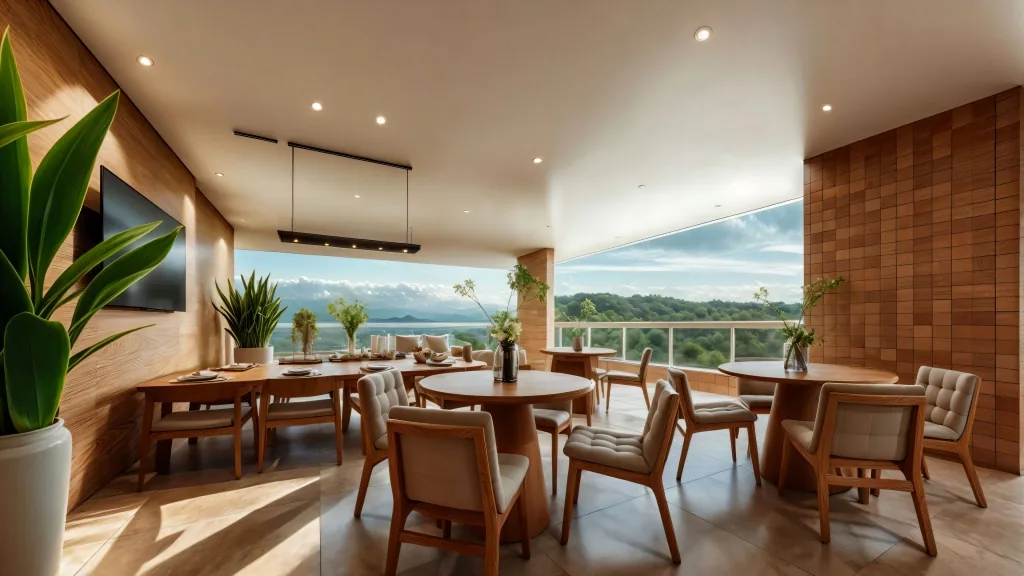 Perspectiva artística de espaço gourmet com mesas e vista aberta