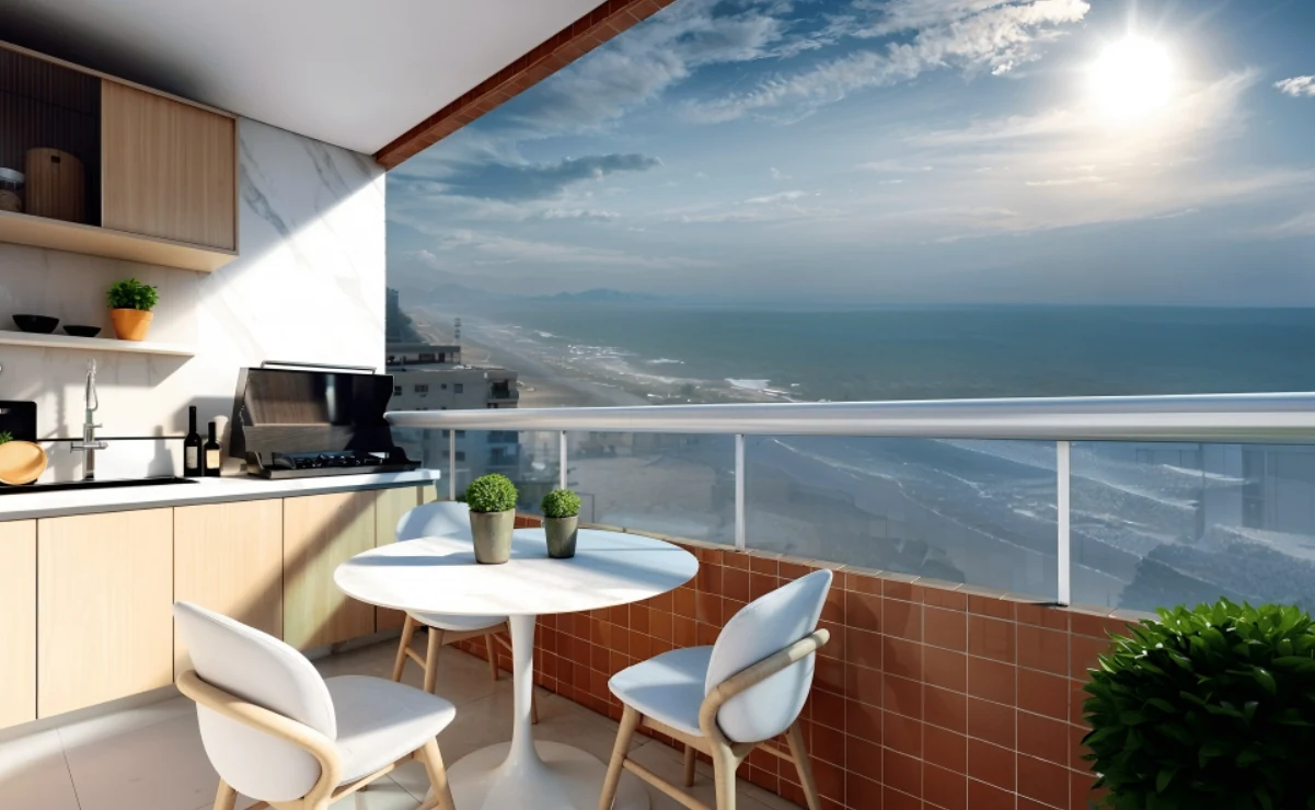 Perspectiva artística de terraço gourmet com churrasqueira e vista para a orla