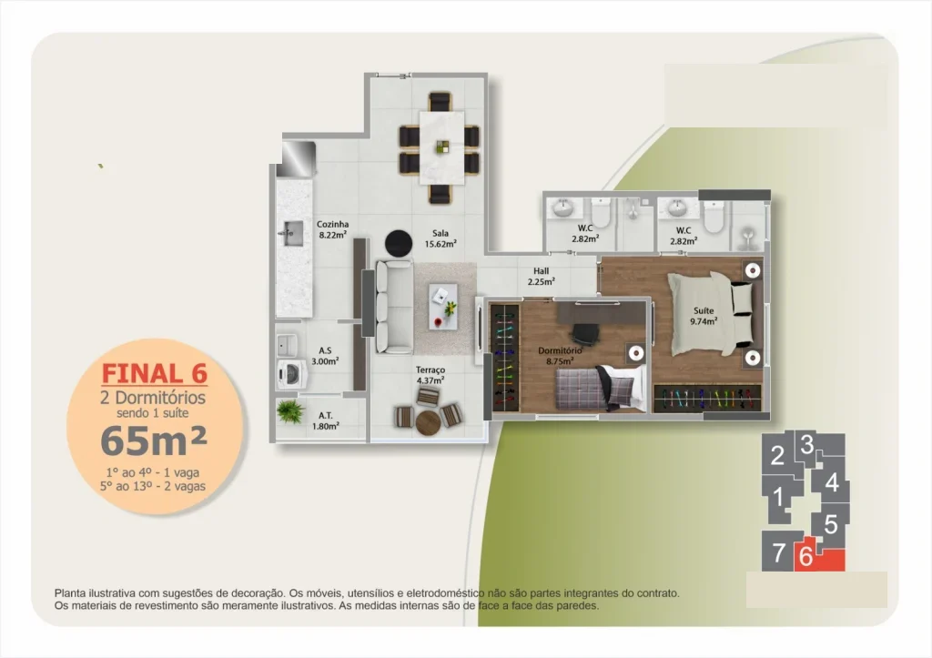 Planta ilustrativa do Final 6 — apartamento de 2 dormitórios com suíte no Jardim Guilhermina