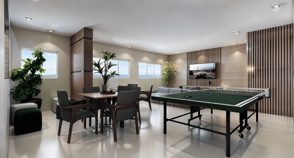 Salão de jogos com mesa de tênis de mesa e ambiente de convivência