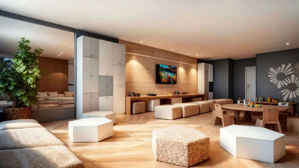 Perspectiva artística de living integrado com sala de jantar