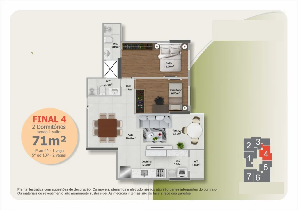 Planta ilustrativa do Final 4 — apartamento de 2 dormitórios com suíte no Jardim Guilhermina