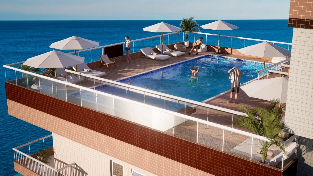 Segunda perspectiva artística da piscina rooftop, com deck e guarda-sóis