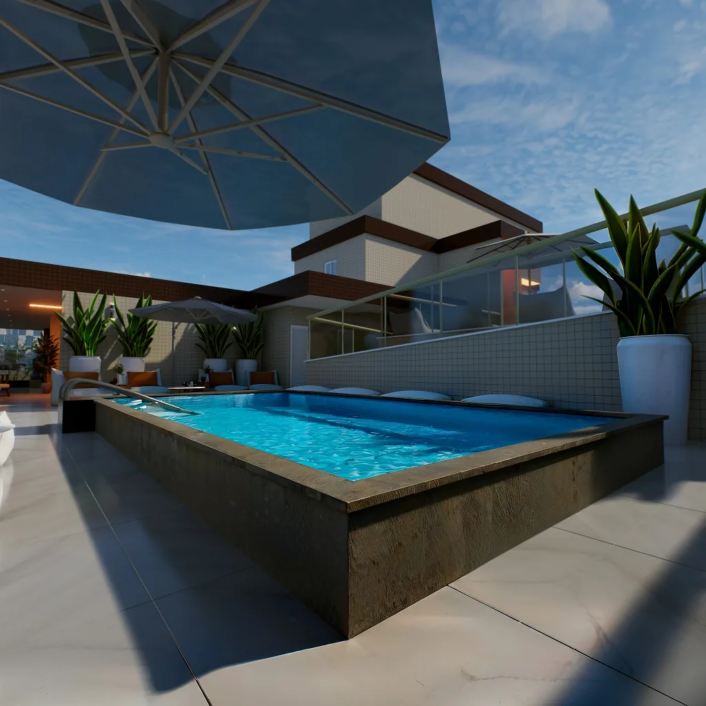 Perspectiva artística de piscina com solário e guarda-sóis