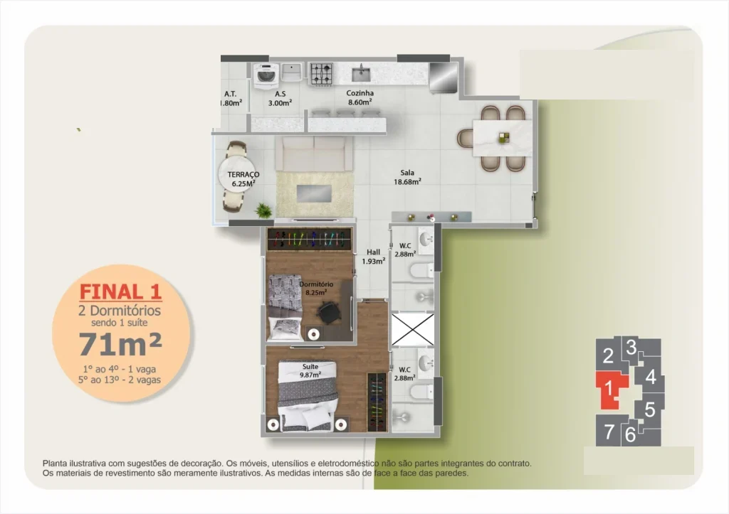 Planta ilustrativa do Final 1 — apartamento de 2 dormitórios com suíte no Jardim Guilhermina