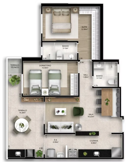 Planta técnica humanizada do Final 4 do Residencial Plácido Carvalho, com 78,53 m²