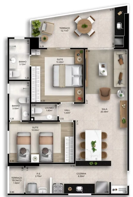 Planta técnica humanizada do Final 6 do Residencial Plácido Carvalho, com 83,36 m²