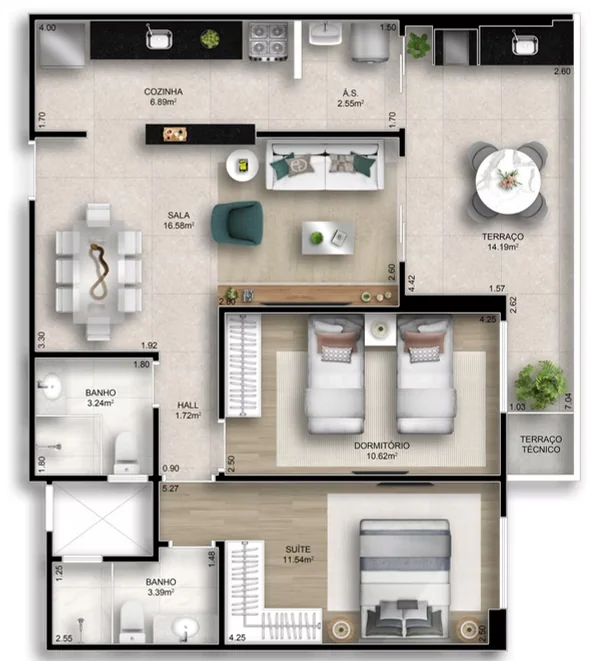 Planta técnica humanizada do Final 5 do Residencial Plácido Carvalho, com 78,24 m²