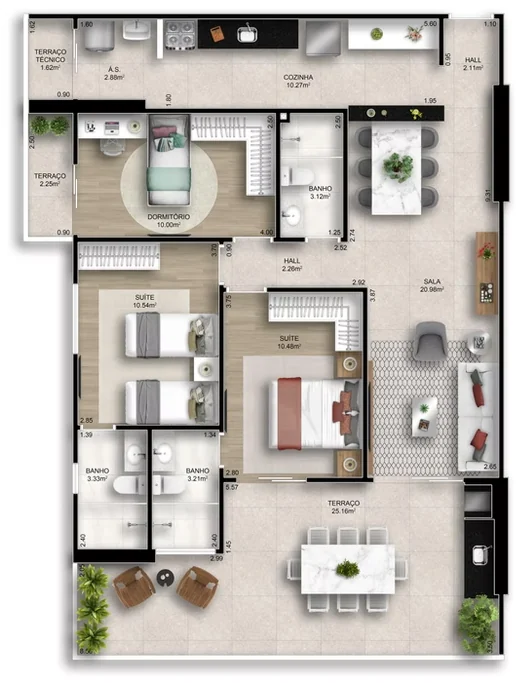 Planta técnica humanizada do Final 2 do Residencial Plácido Carvalho, com 118,76 m²