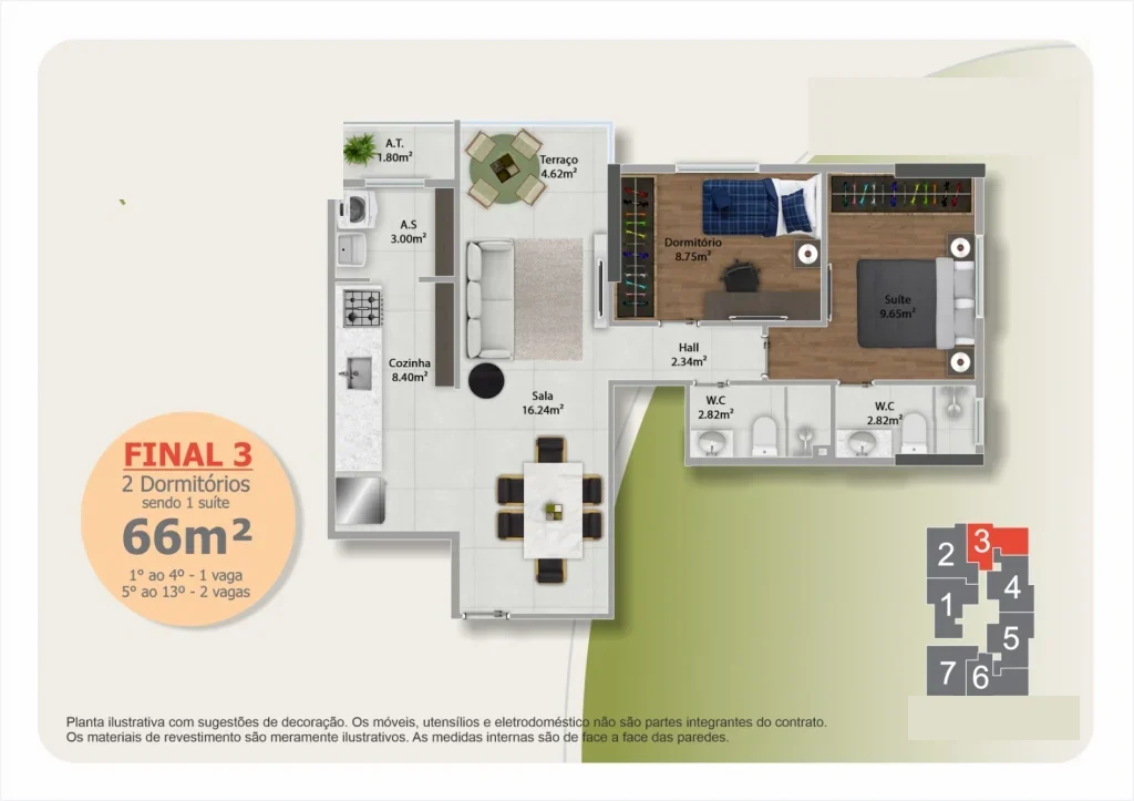 Planta ilustrativa do Final 3 — apartamento de 2 dormitórios com suíte no Jardim Guilhermina
