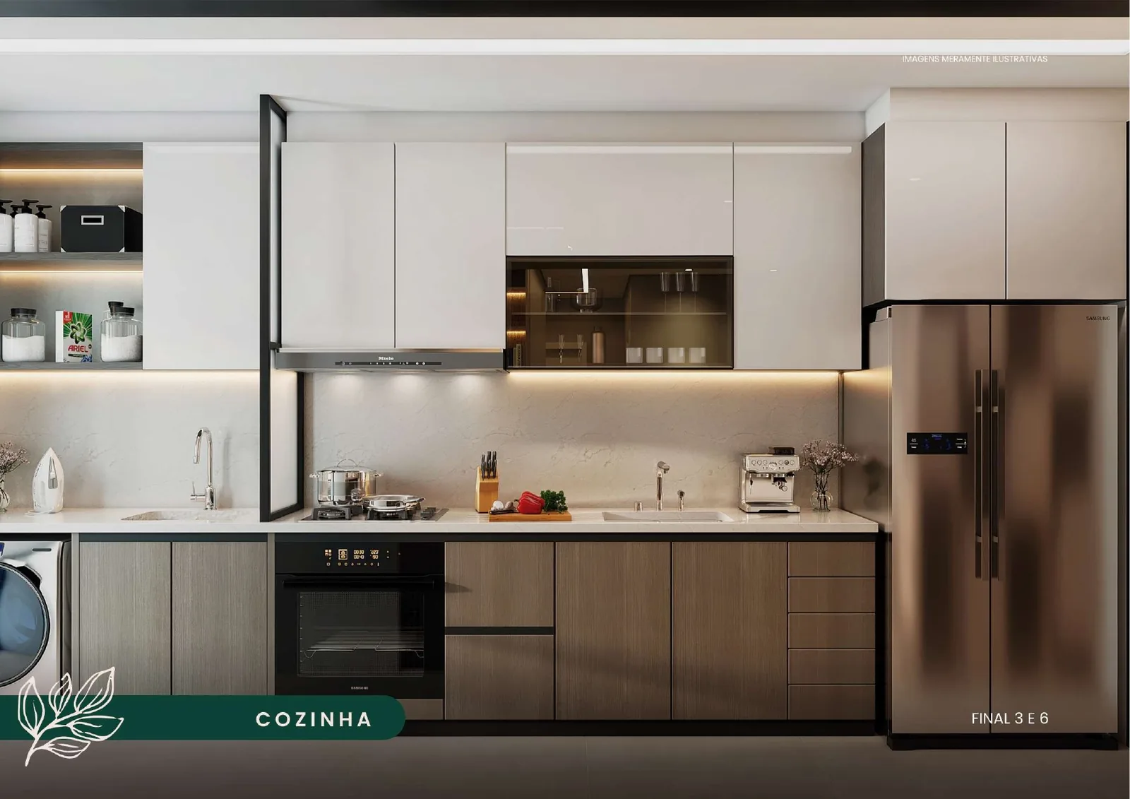 Perspectiva ilustrada da cozinha dos finais 03 e 06