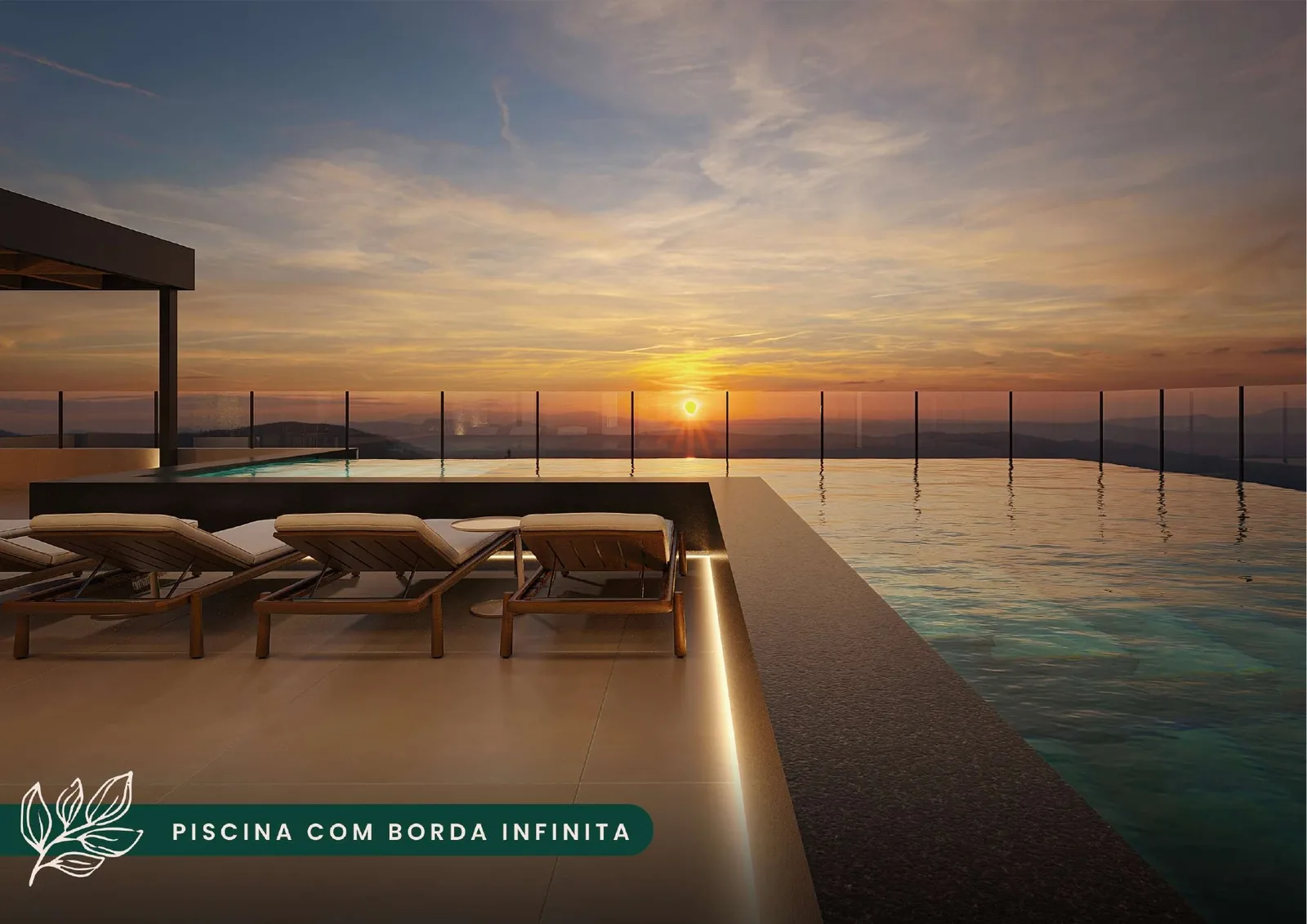 Perspectiva ilustrada da piscina com borda infinita no lazer da cobertura, ao fim da tarde