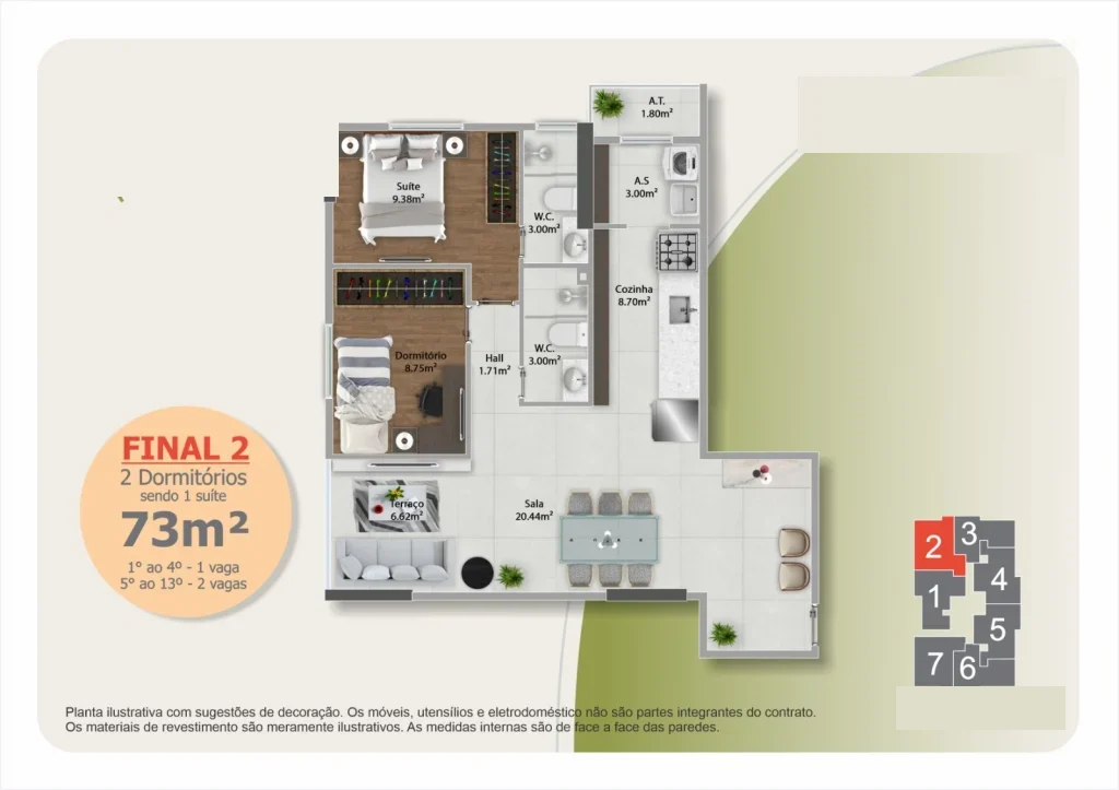 Planta ilustrativa do Final 2 — apartamento de 2 dormitórios com suíte no Jardim Guilhermina