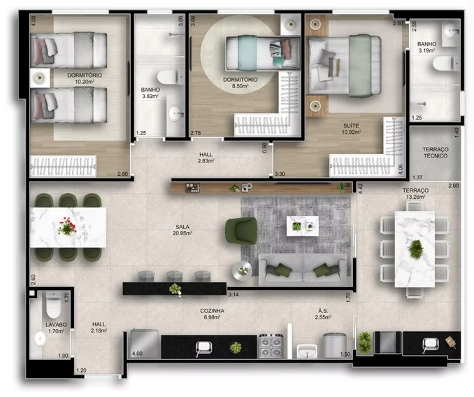Planta técnica humanizada do Final 7 do Residencial Plácido Carvalho, com 95,54 m²