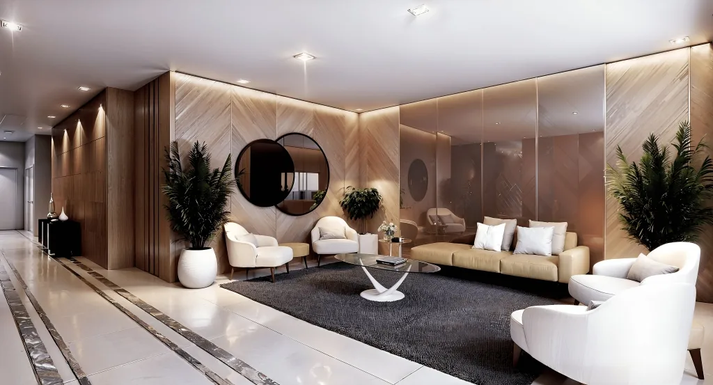 Perspectiva artística de living integrado com sala de jantar e estar