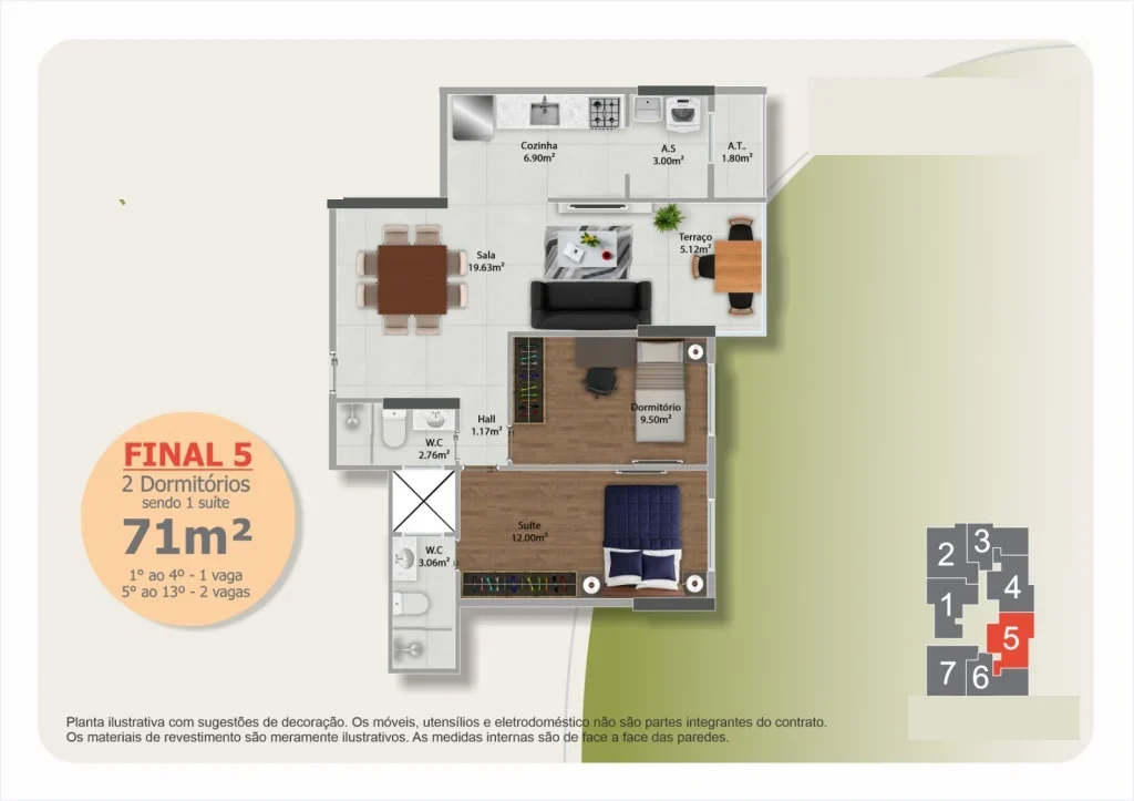 Planta ilustrativa do Final 5 — apartamento de 2 dormitórios com suíte no Jardim Guilhermina