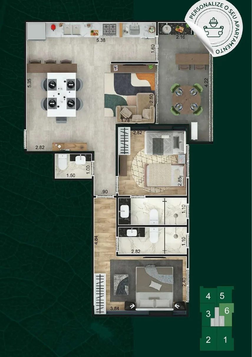 Planta humanizada de 72,52 m², duas suítes, lavabo, cozinha ampla, área de serviço e varanda gourmet