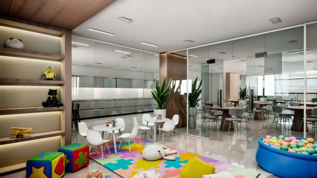 Perspectiva artística de brinquedoteca com piscina de bolinhas e mesas infantis