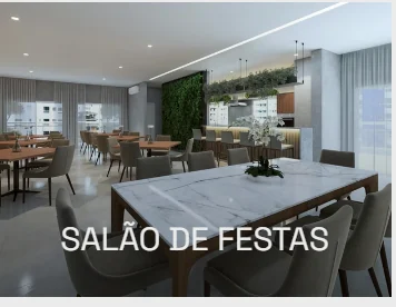 Perspectiva artística do salão de festas com espaço gourmet do Residencial Plácido Carvalho