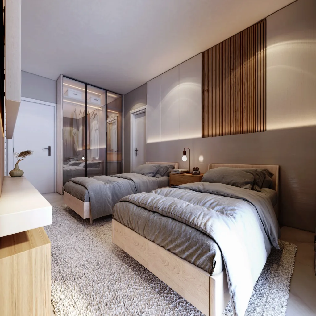 Perspectiva artística de suíte com cama de casal e marcenaria