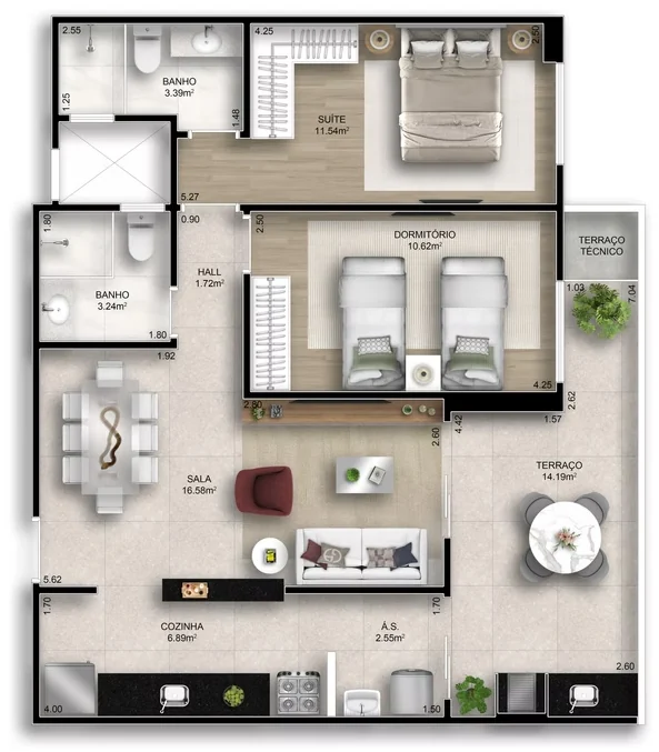 Planta técnica humanizada do Final 3 do Residencial Plácido Carvalho, com 78,24 m²
