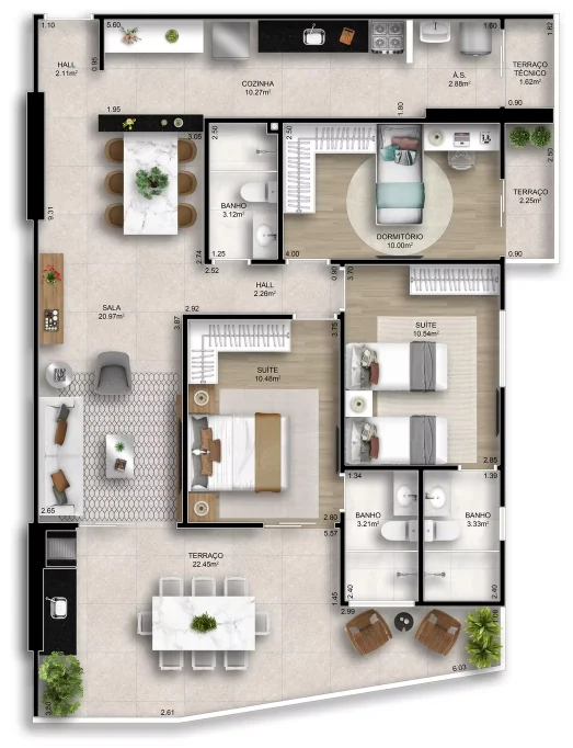 Planta técnica humanizada do Final 1 do Residencial Plácido Carvalho, com 115,50 m²