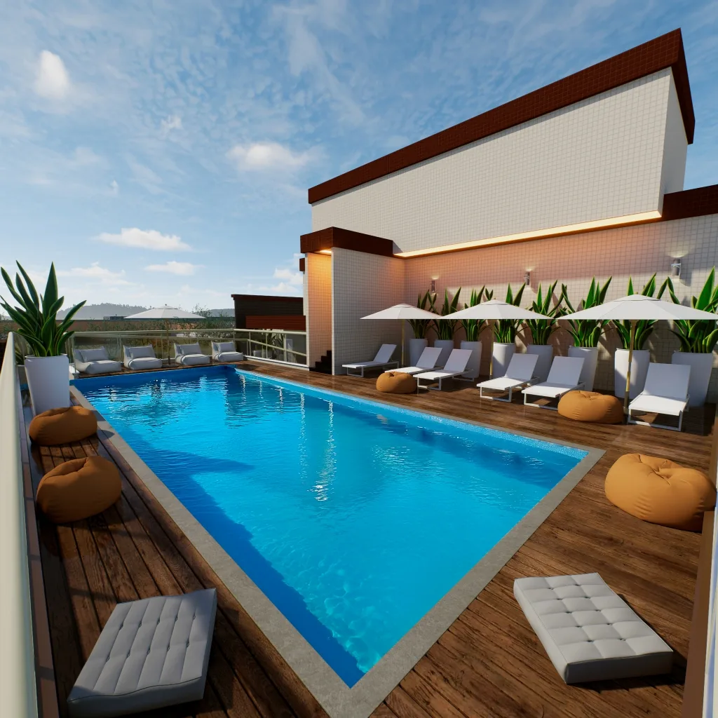 Perspectiva artística de piscina com deck e espreguiçadeiras