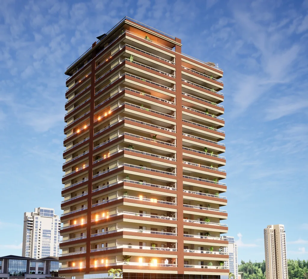 Perspectiva artística da fachada de edifício residencial no Canto do Forte, em Praia Grande