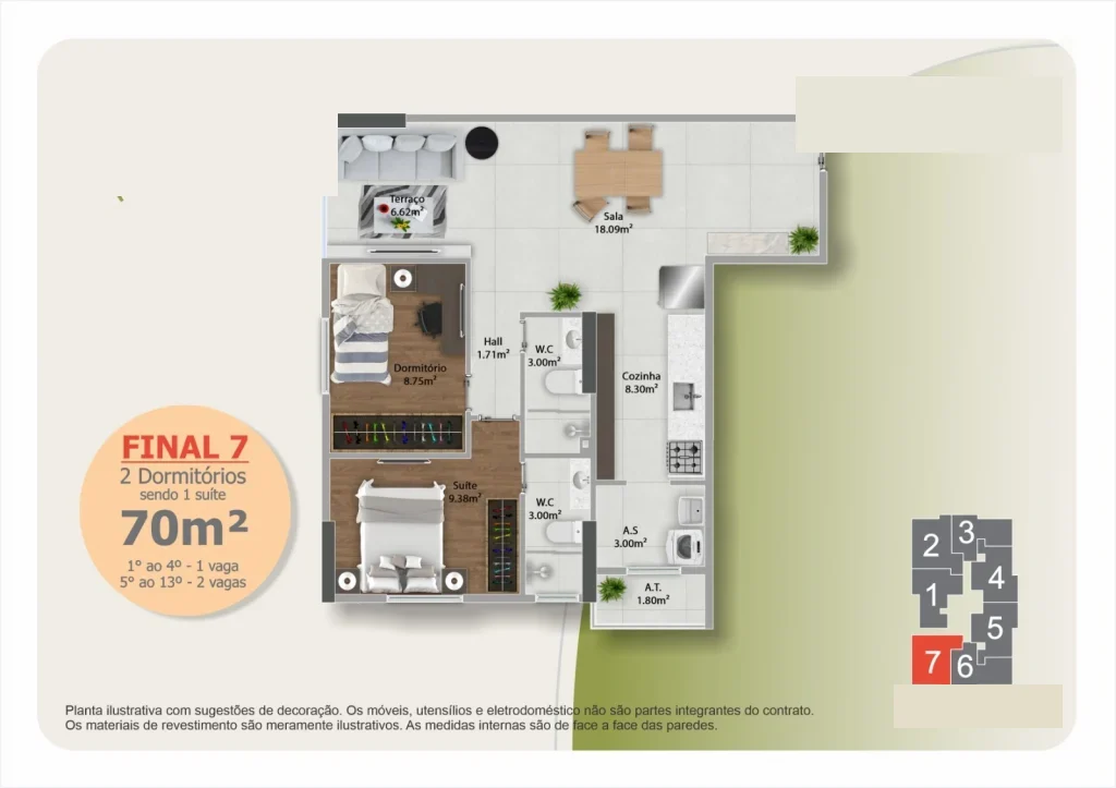 Planta ilustrativa do Final 7 — apartamento de 2 dormitórios com suíte no Jardim Guilhermina