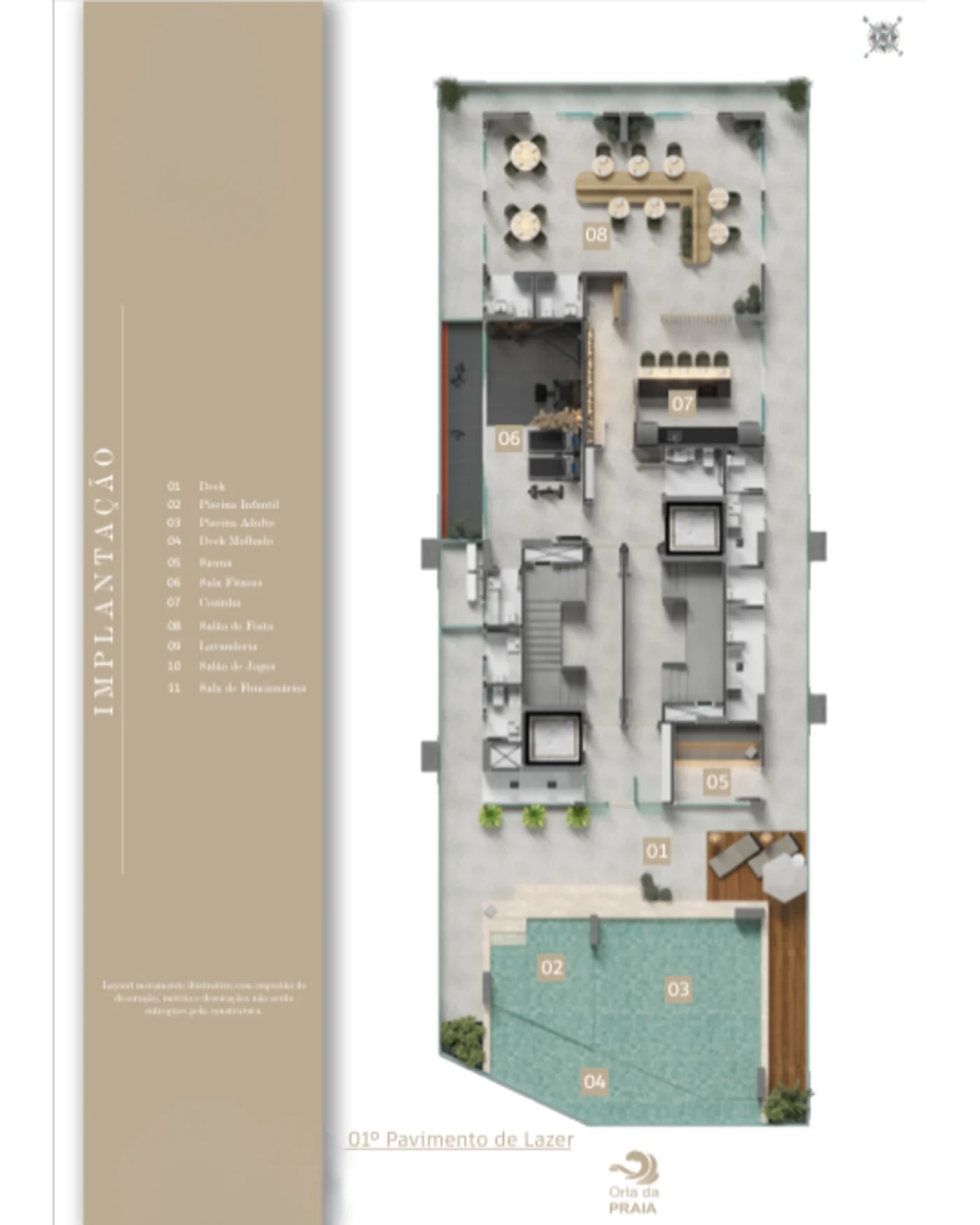 Implantação do 1º pavimento de lazer: deck, piscina adulto e infantil, deck molhado, sauna, fitness, cozinha e salão de festas