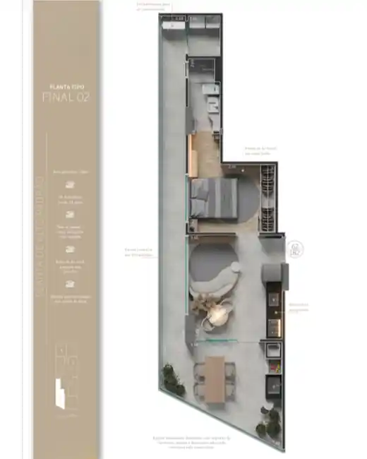 Planta do Final 02, aproximadamente 58,32 m², com 1 suíte, sacada gourmet e sala integrada à cozinha